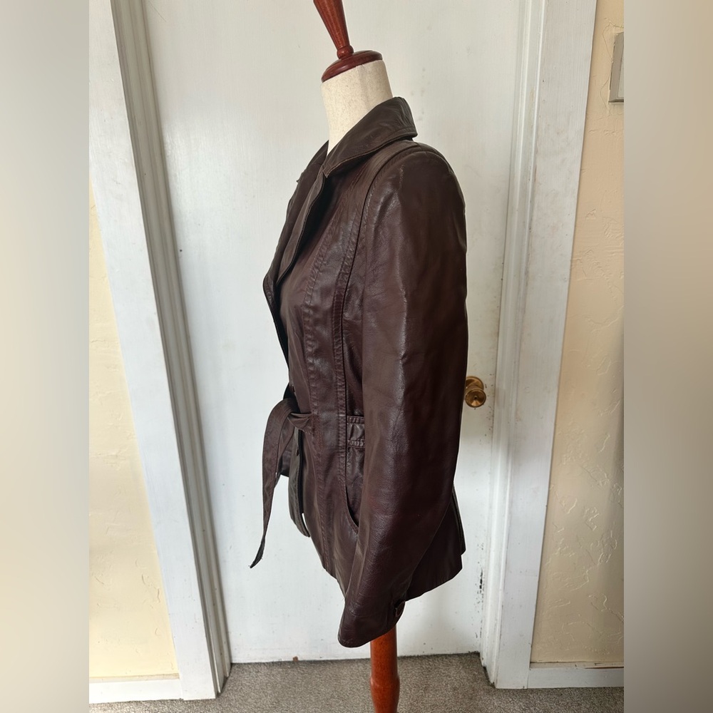 Vintage Nordstrom The Brass Plum Burgundy Leather Jacket Attached Belt Size S - Picture 5 of 8